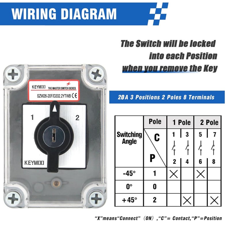 Keymoo 20A Rotary Changeover Switch with Key Lock, 660V 3 Position 2 Phase 8 Terminals, 2-Way 2NO 2NC, Universal Selector Switch with Waterproof Enclosure (3 Positions 2 Poles w/Key) - Image 4